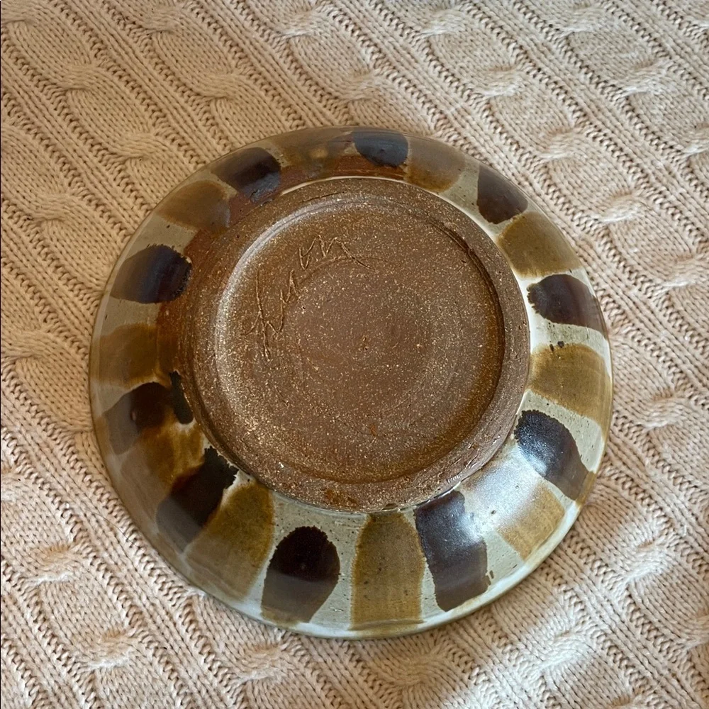 Glazed signed pottery bowl kiln fired beige/tans/browns